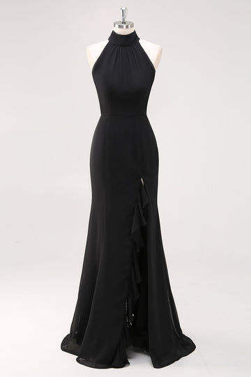Black Mermaid Halter Neck Ruffles Long Formal Dress with Slit